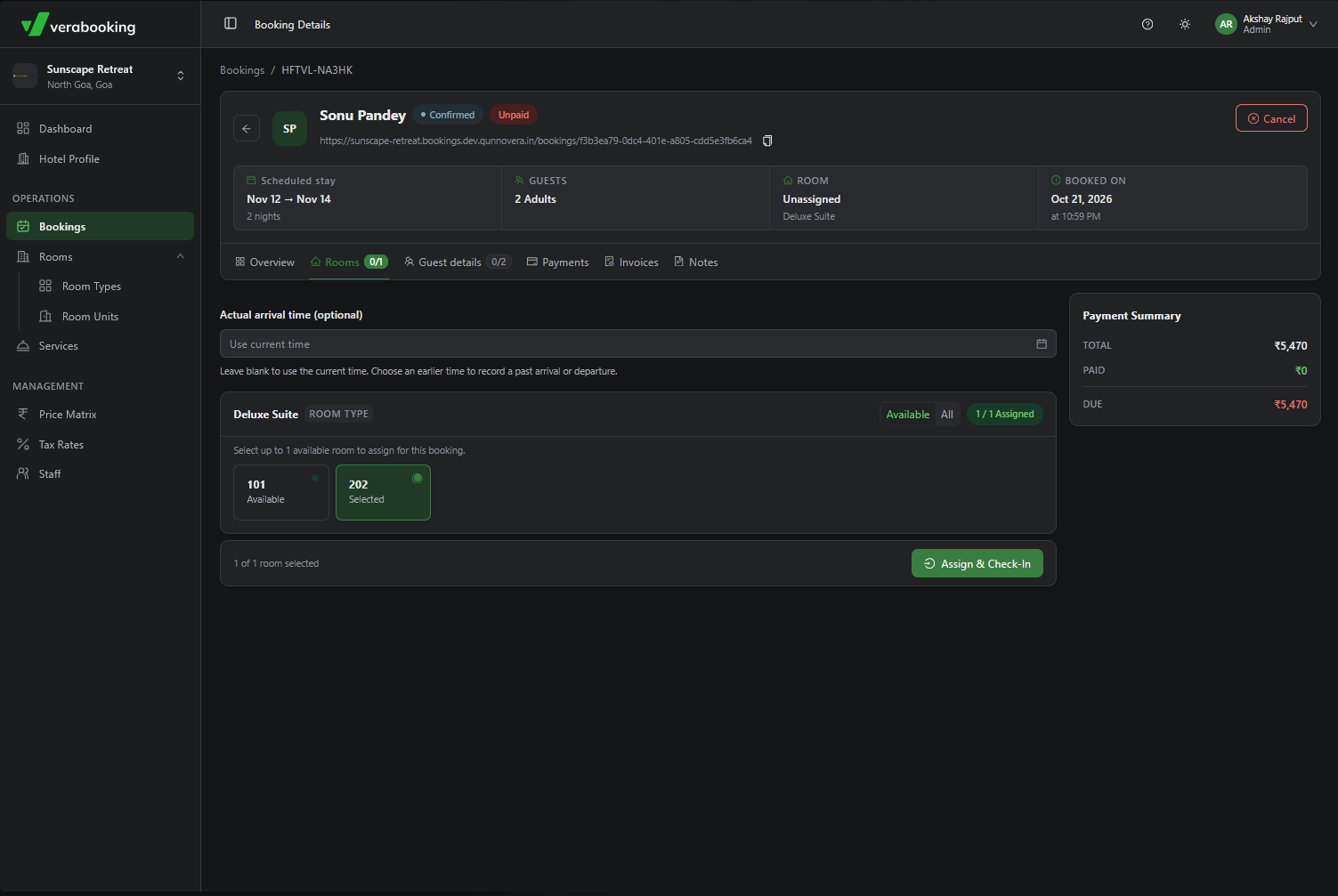 Assign room units and check guests in