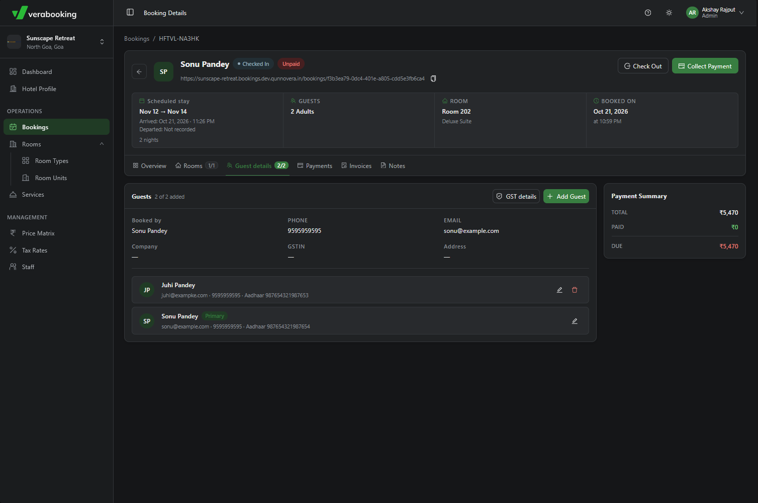 Guest details and payments in a booking