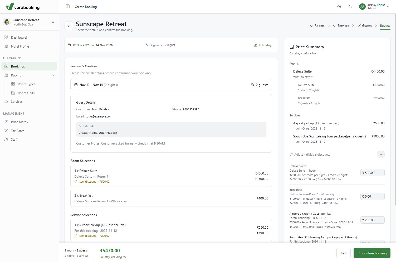 Booking review before creating the draft