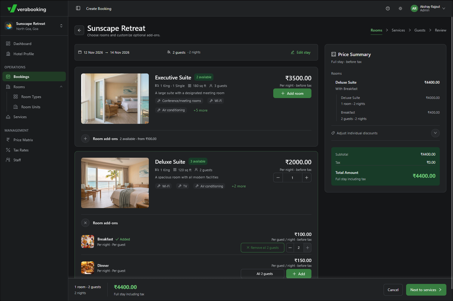 Room add-ons in the booking flow