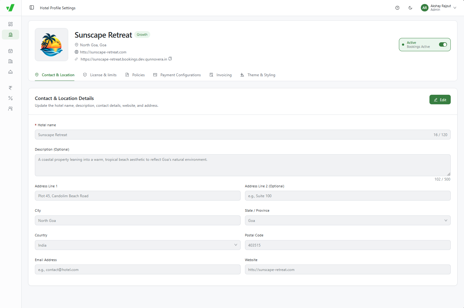 Hotel identity and contact details in the Contact and Location tab