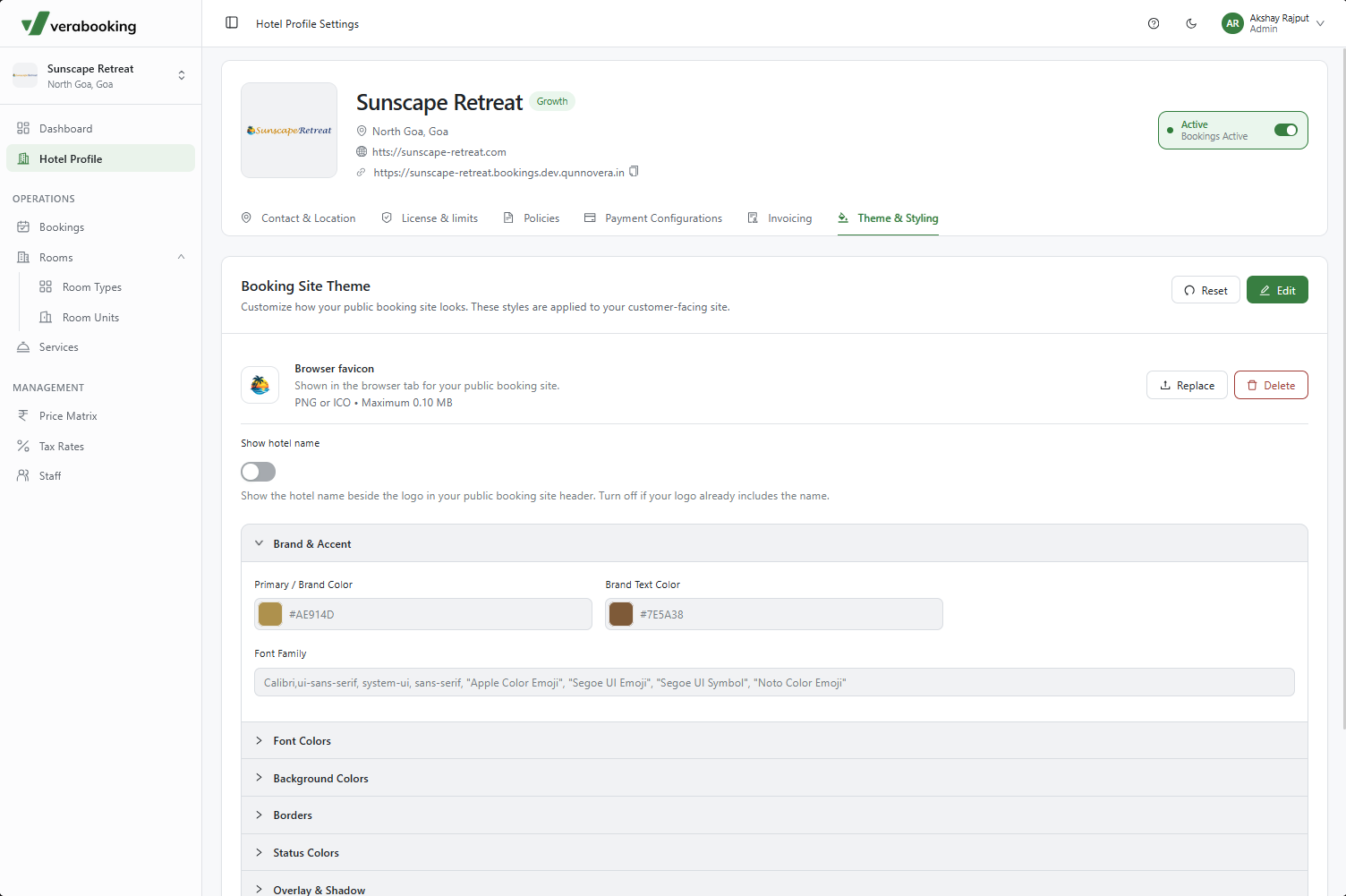 Hotel Theme and Styling tab