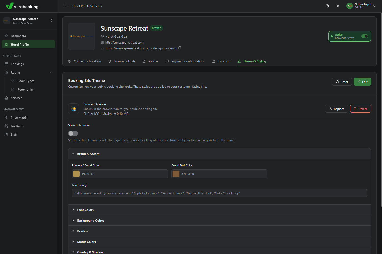 Hotel Theme and Styling tab