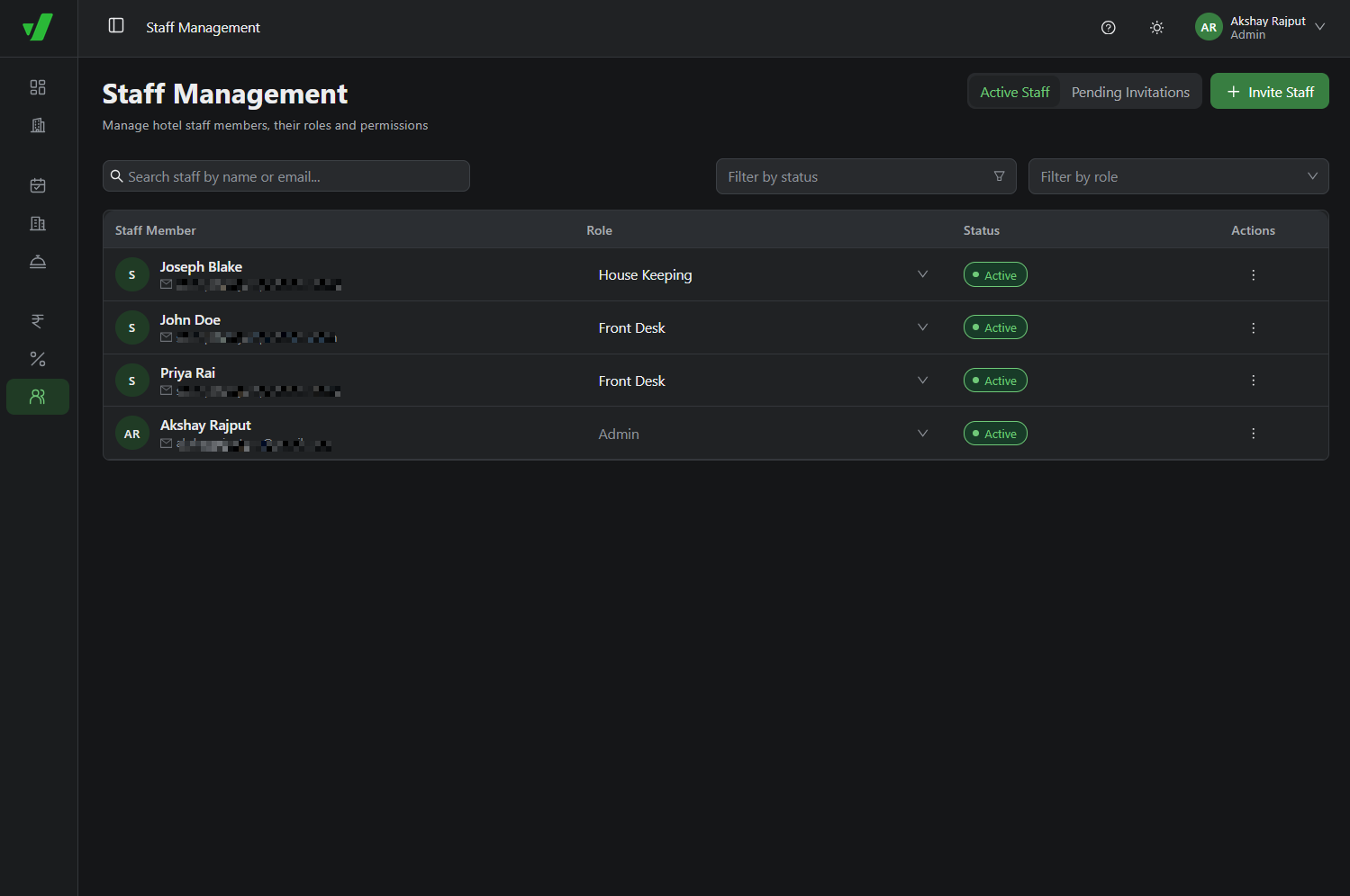 Staff Management dashboard with Invite Staff button