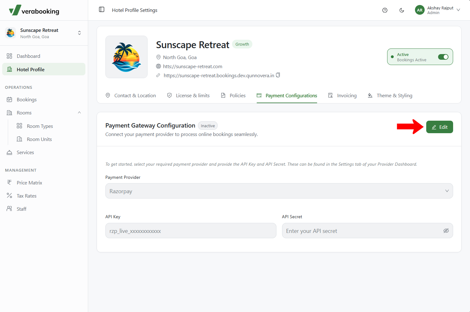 Payment Gateway Configuration panel with Edit button