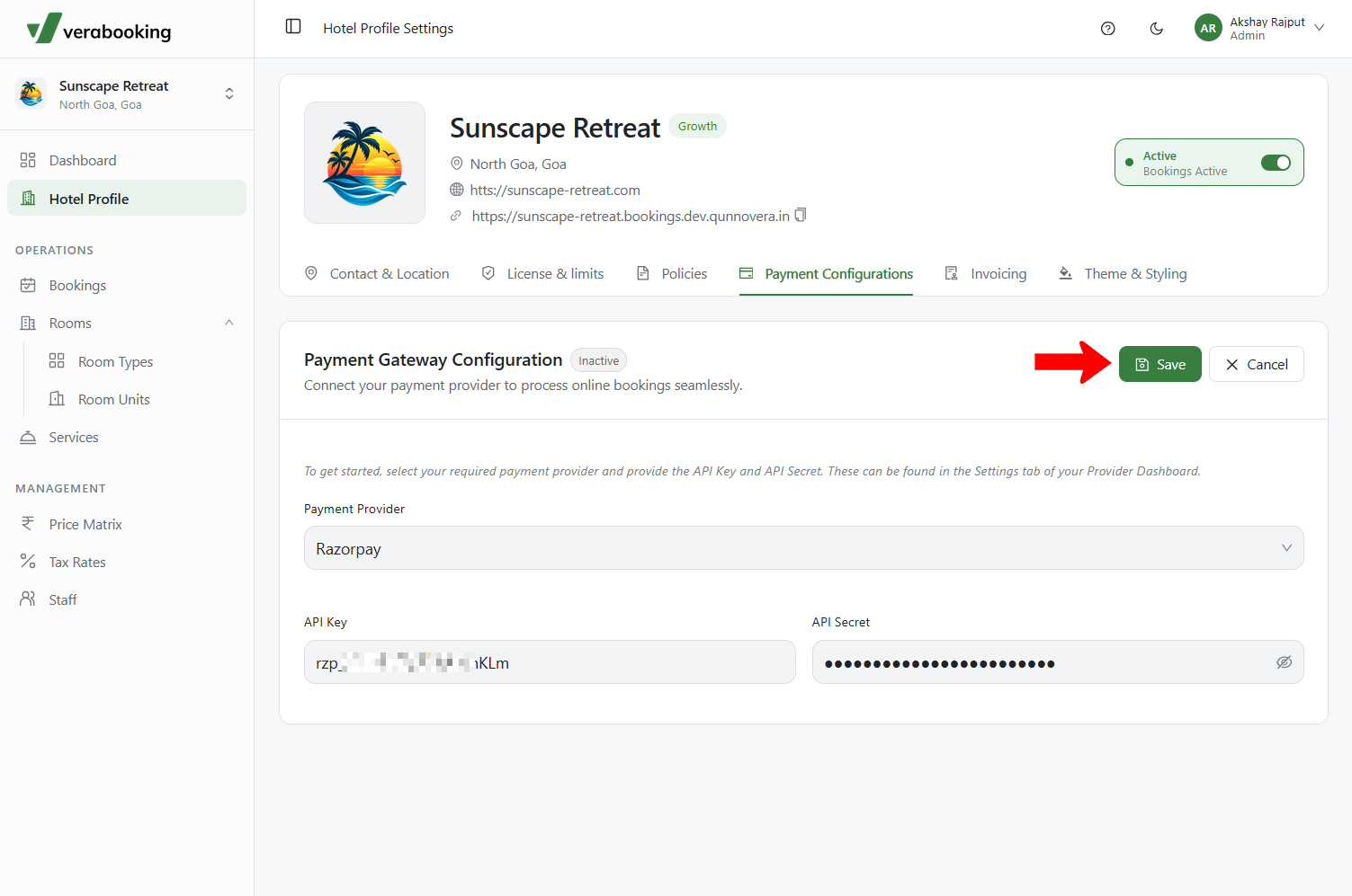 Razorpay payment provider and credential fields