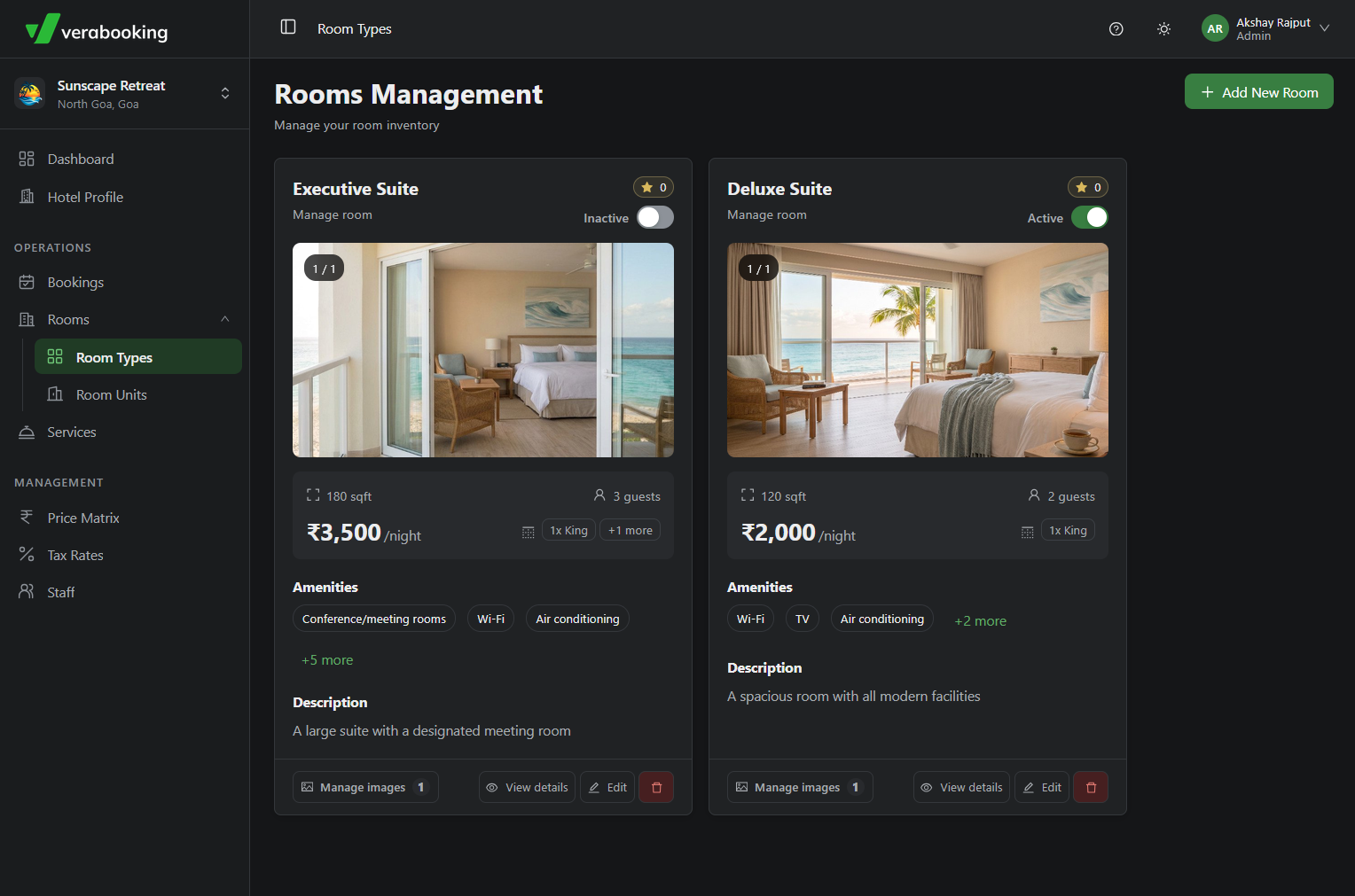 Room Types management dashboard